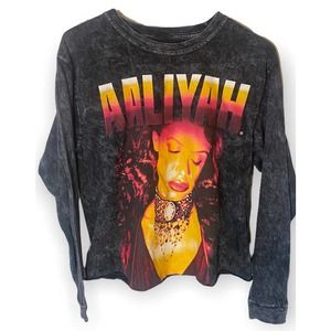 T37 AALIYAH Shirt Womens Medium Black Gray Top Pullover Hip Hop Concert Crop